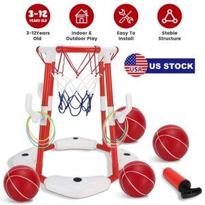 CoolWorld Summer Pool Basketball Hoop Toy Set With 4 Basketballs 4 Circles Pump